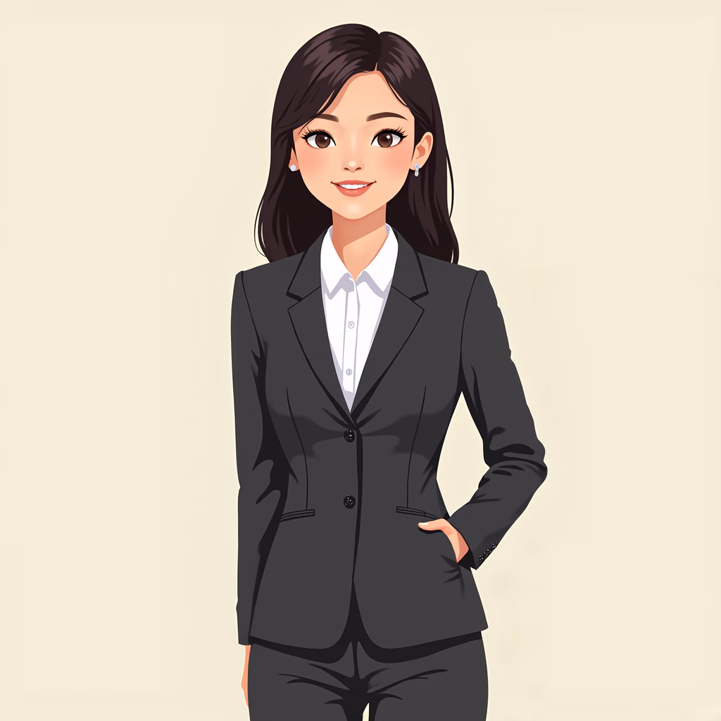 A confident businesswoman in a professional suit, set against a minimalist background.
