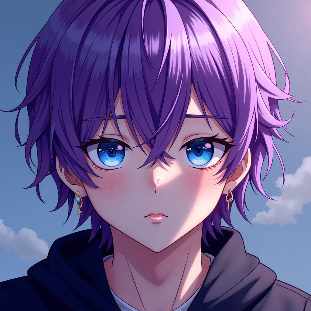 Serene anime girl with purple hair and blue eyes against a tranquil sky backdrop.