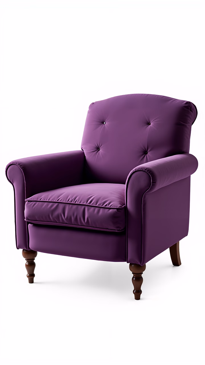 Elegant purple velvet armchair with tufted backrest and wooden legs.