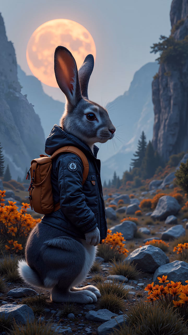 A rabbit in a rugged outfit explores a mountainous landscape under a glowing moon.