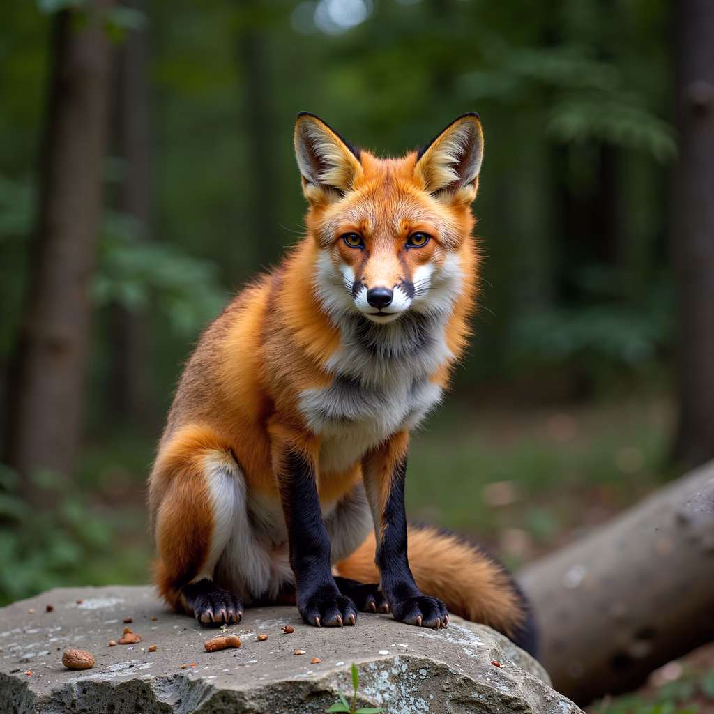 Close-up of a red fox in a forest setting, showcasing its vibrant fur and expressive eyes.