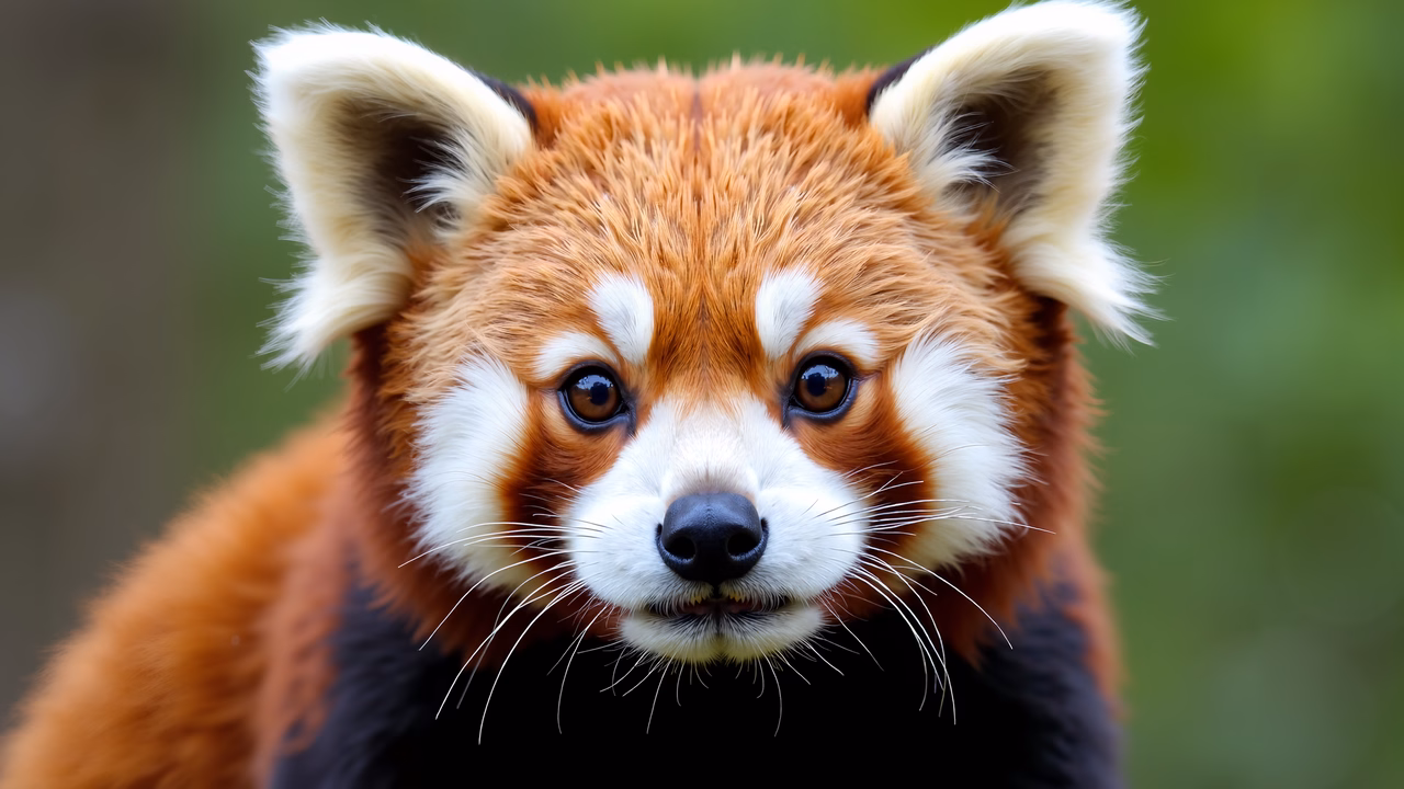Close-up portrait of a red panda with striking reddish-brown fur and white markings, set against a soft green background.