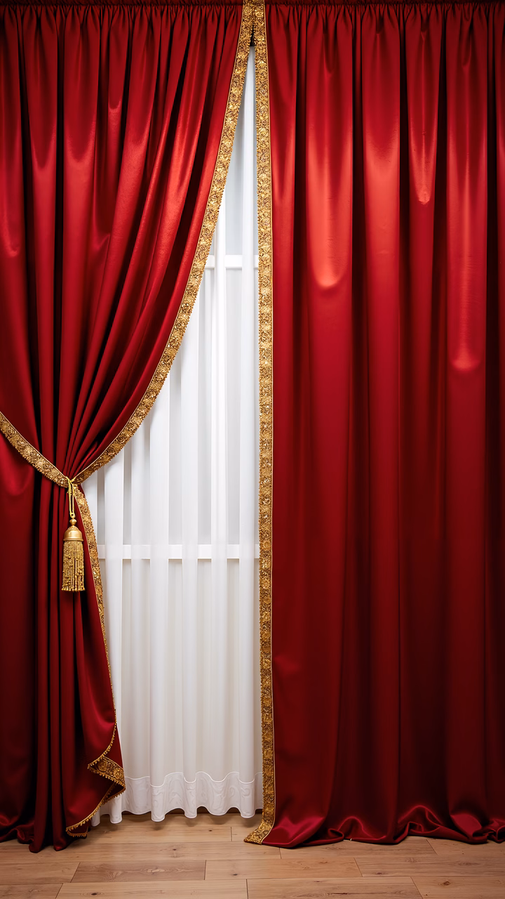 Luxurious red velvet curtains with golden trim and white sheer fabric, creating an elegant interior design scene.