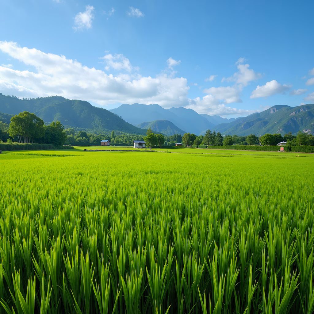 Vibrant green rice fields against a serene mountain backdrop under a clear blue sky.