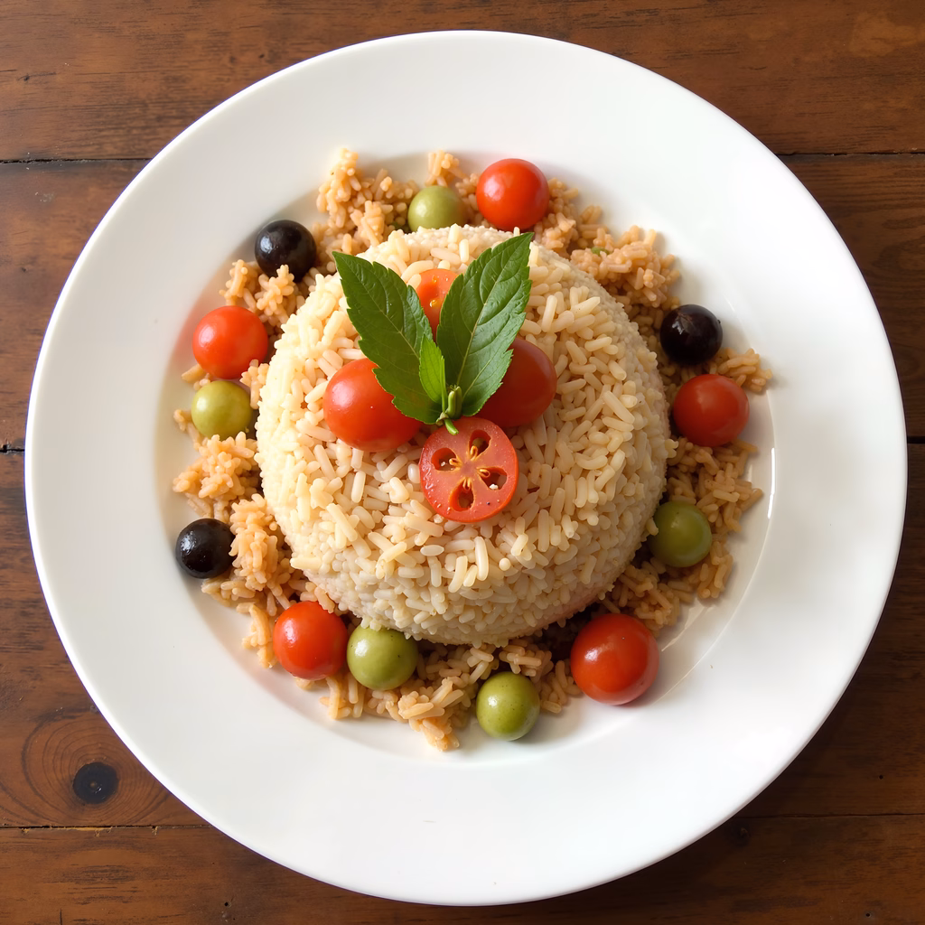 A colorful rice salad with tomatoes and olives, perfect for a healthy meal.