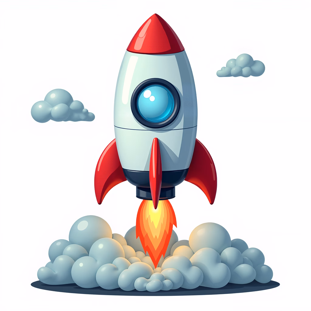 Vibrant rocket launch illustration, space exploration, playful design, dynamic energy, pastel clouds.