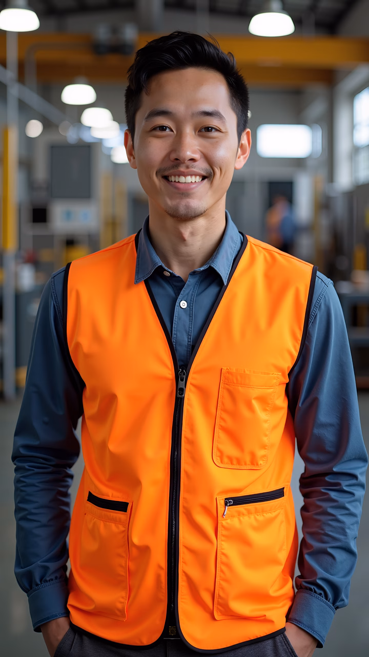 Brightly lit portrait of a person in an orange safety vest, exuding positivity and confidence.
