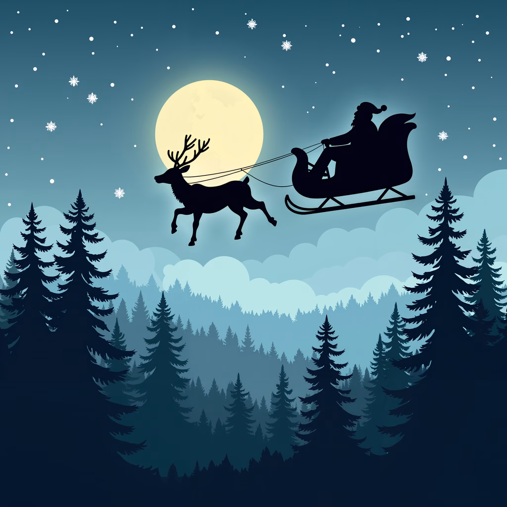 Santa's silhouette flying over a snowy forest under a full moon.