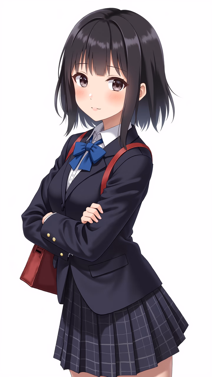 A serene schoolgirl in a traditional Japanese school uniform, wearing a navy blazer and a blue bow tie.