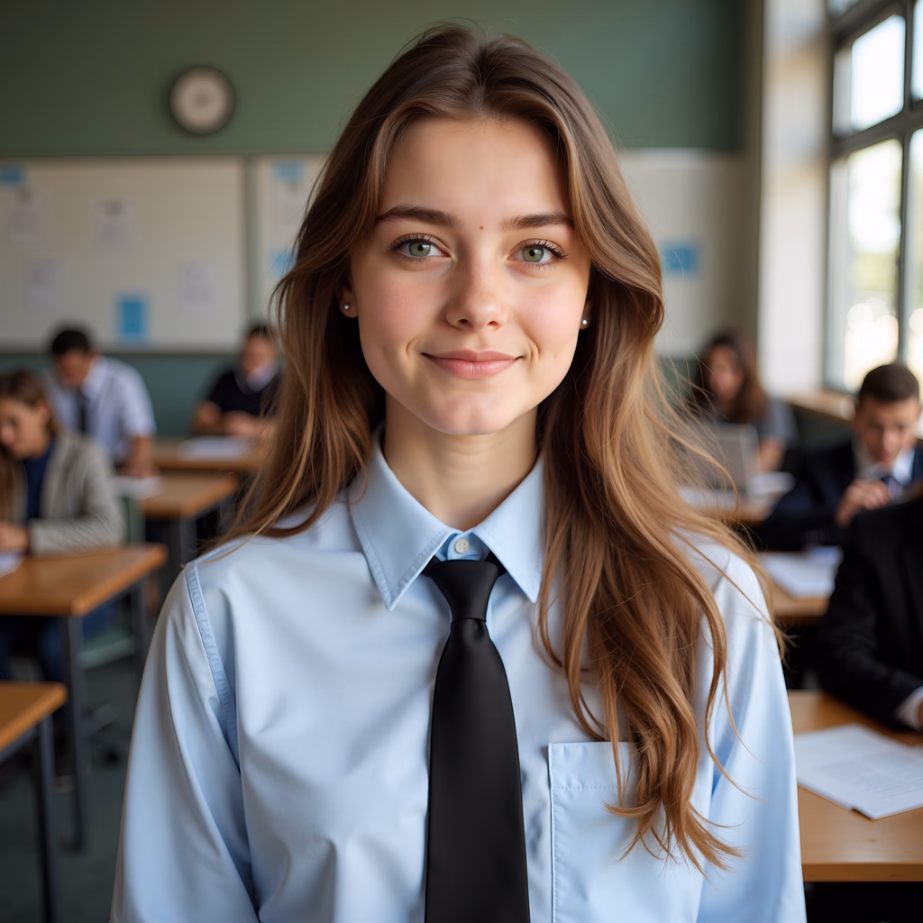 Close-up portrait of a schoolgirl in a classroom setting, smiling warmly under natural light.