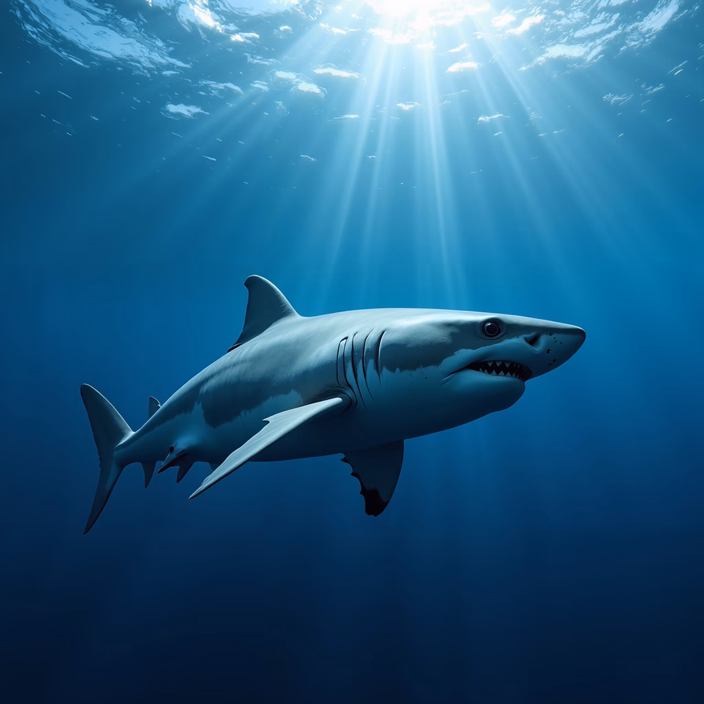 A great white shark glides through sunlit blue waters, showcasing marine life's serene beauty.