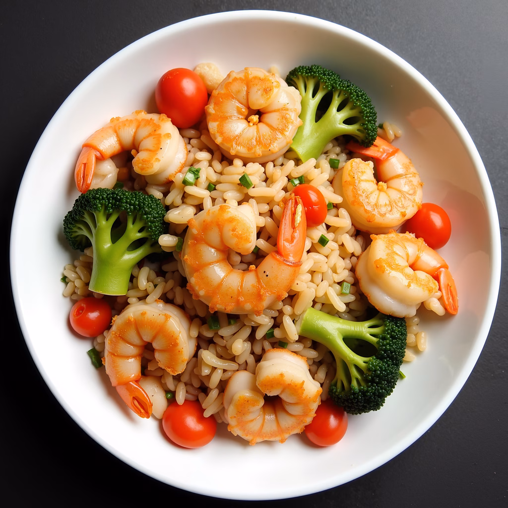 A mouthwatering stir-fry with shrimp, broccoli, and cherry tomatoes on a bed of rice.