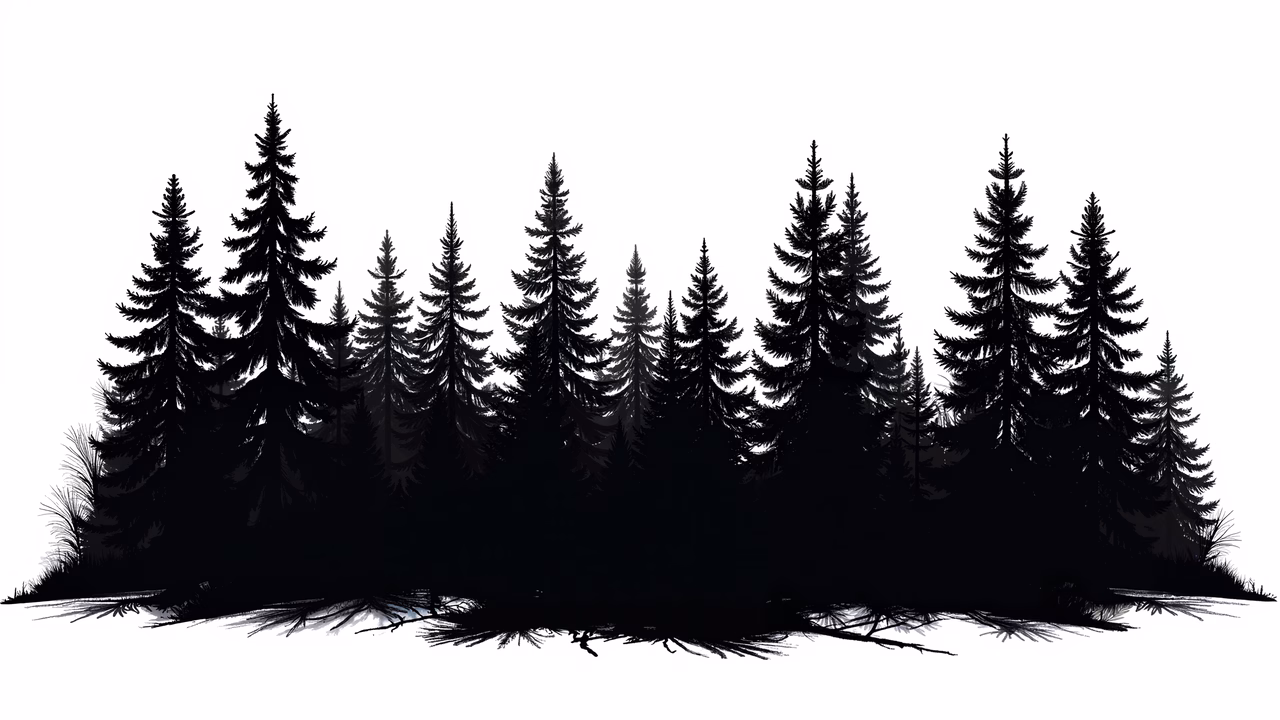 Black-and-white silhouette of a serene forest scene.