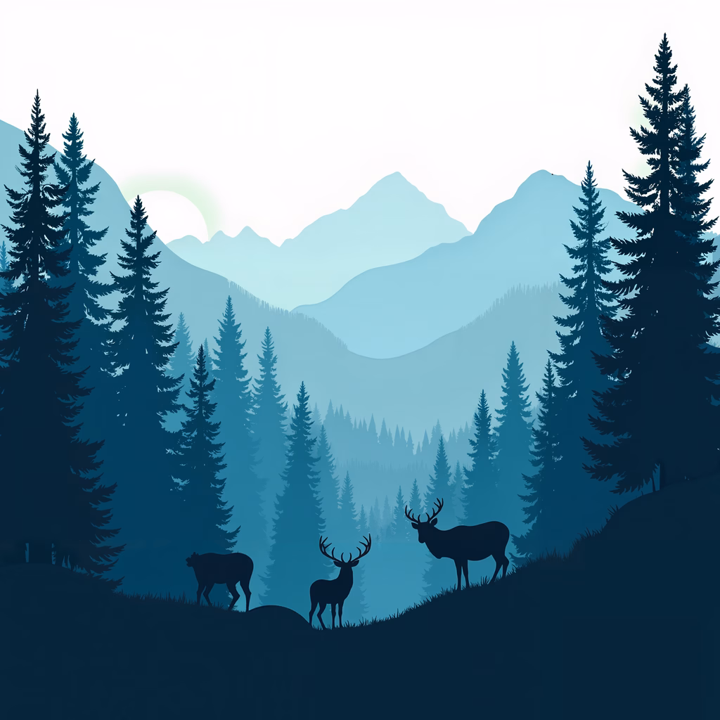 Silhouetted deer in a misty forest landscape