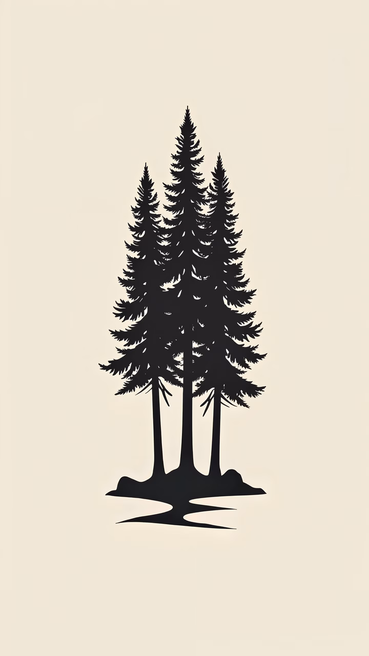 Minimalist black silhouette of three pine trees on a light background.