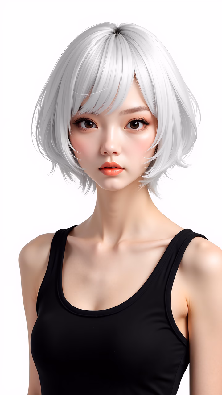 A detailed portrait of a silver-haired girl in a black tank top against a white background.