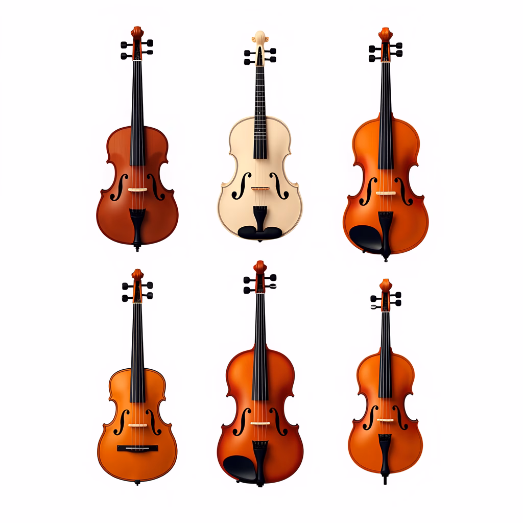 A detailed illustration of six violins showcasing their unique designs and craftsmanship.
