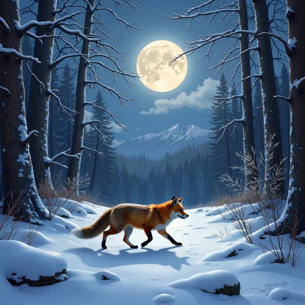 A fox walking through a snow-covered forest under a full moon, evoking a sense of peace and mystery.