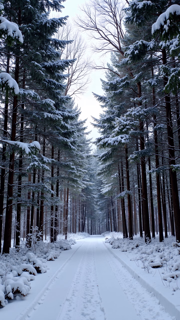A tranquil snowy forest path surrounded by tall, snow-laden trees under an overcast sky.