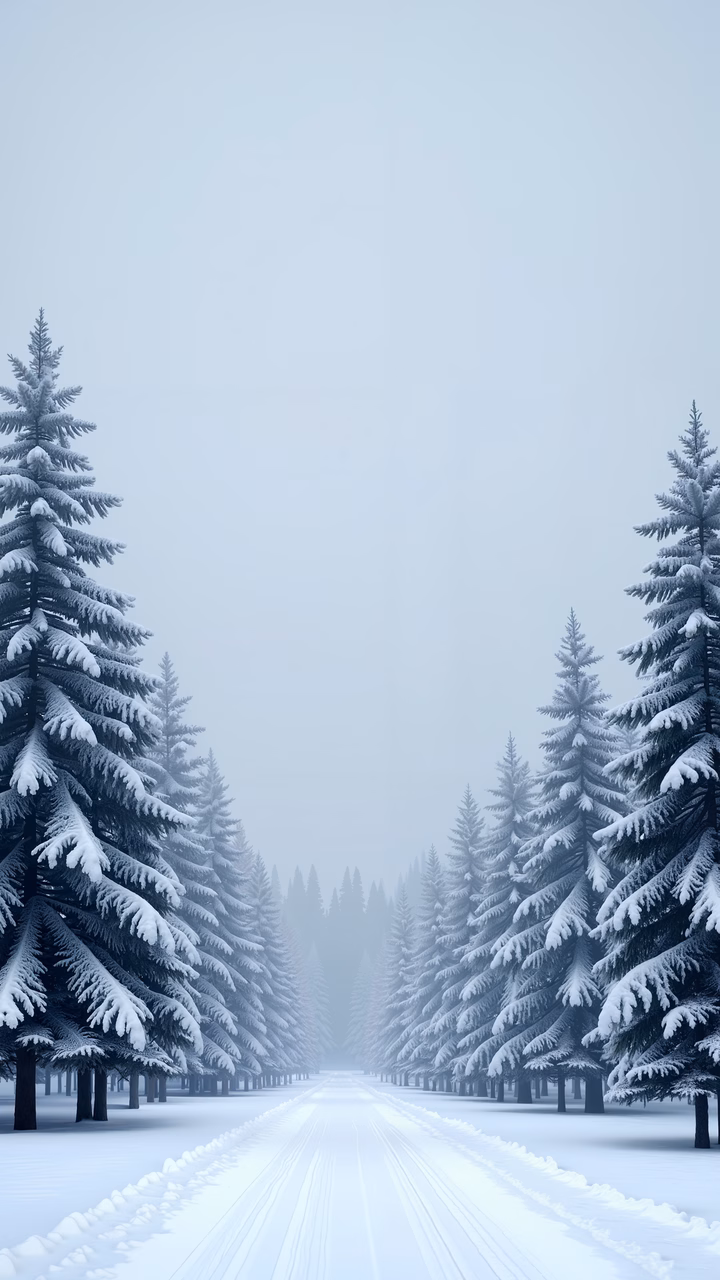 A tranquil winter landscape with snow-laden trees lining a foggy road.