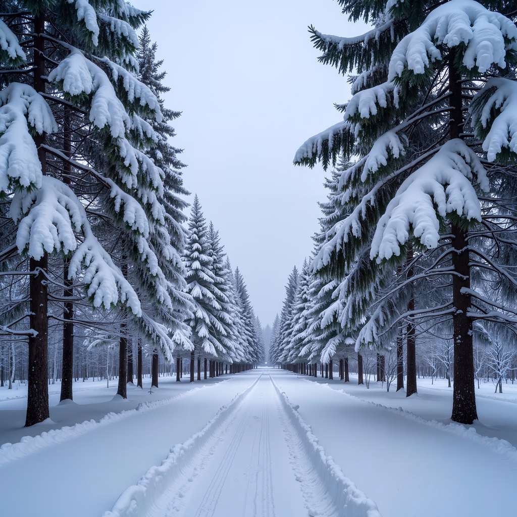 A tranquil winter path lined with snow-laden evergreens under soft, diffused light.