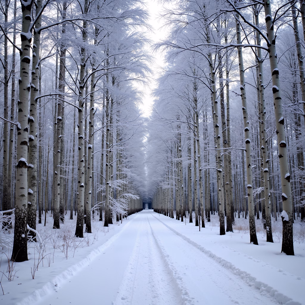 A peaceful winter path lined with snow-covered birch trees leading to a distant horizon.
