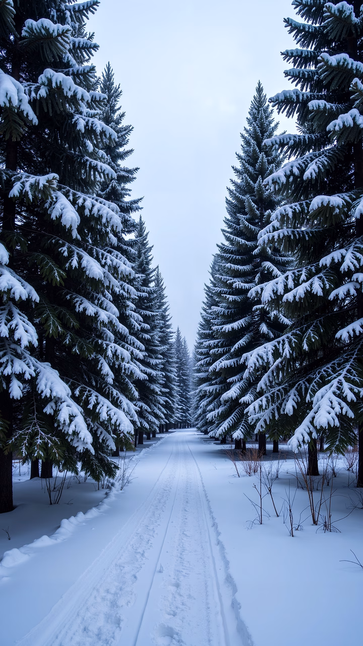 A tranquil snowy forest path flanked by snow-laden evergreens, evoking a sense of peace and solitude.