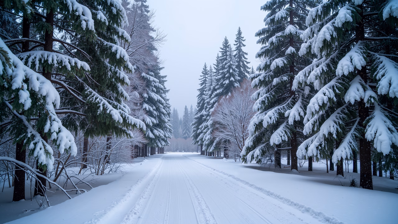 A tranquil winter road lined with snowy evergreens under a soft, misty sky.