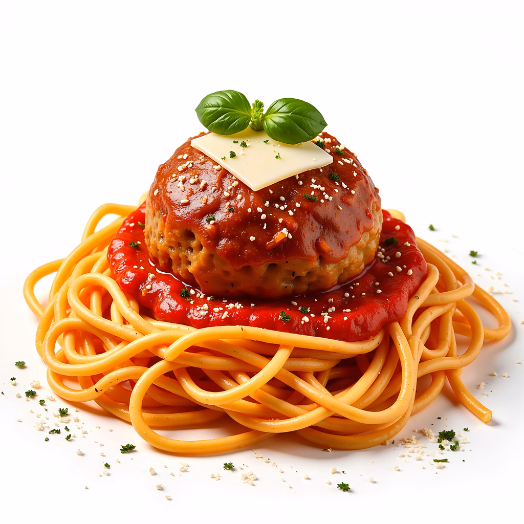 Close-up of spaghetti with meatball and tomato sauce, garnished with cheese and basil.
