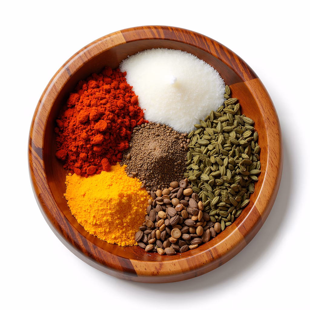 A colorful spice bowl featuring various spices and seeds.
