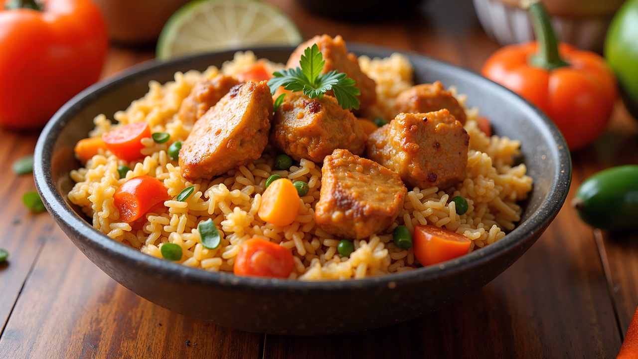 Spicy chicken and rice bowl with fresh herbs and vegetables on a wooden table.