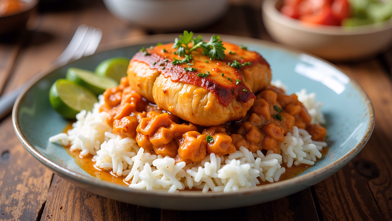 Spicy chicken curry with cilantro and lime on a rustic blue plate.