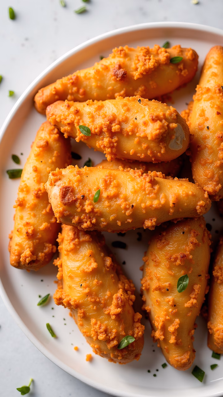 Crispy chicken wings with spicy orange sauce and fresh herbs.