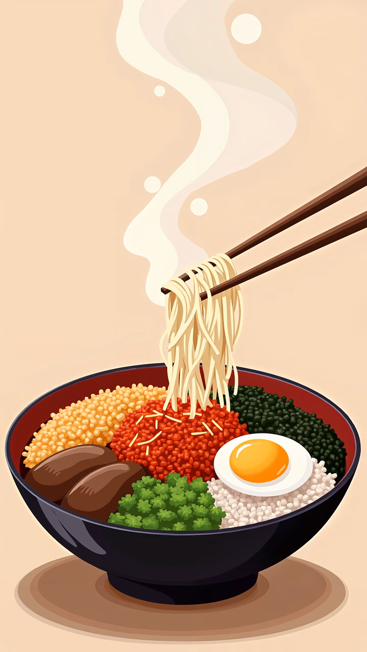A mouthwatering illustration of a spicy ramen bowl with vibrant colors and steam rising from it.