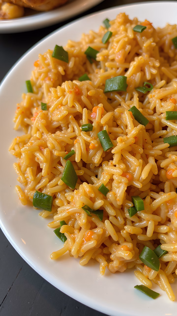 Close-up of spicy rice dish garnished with green onions.