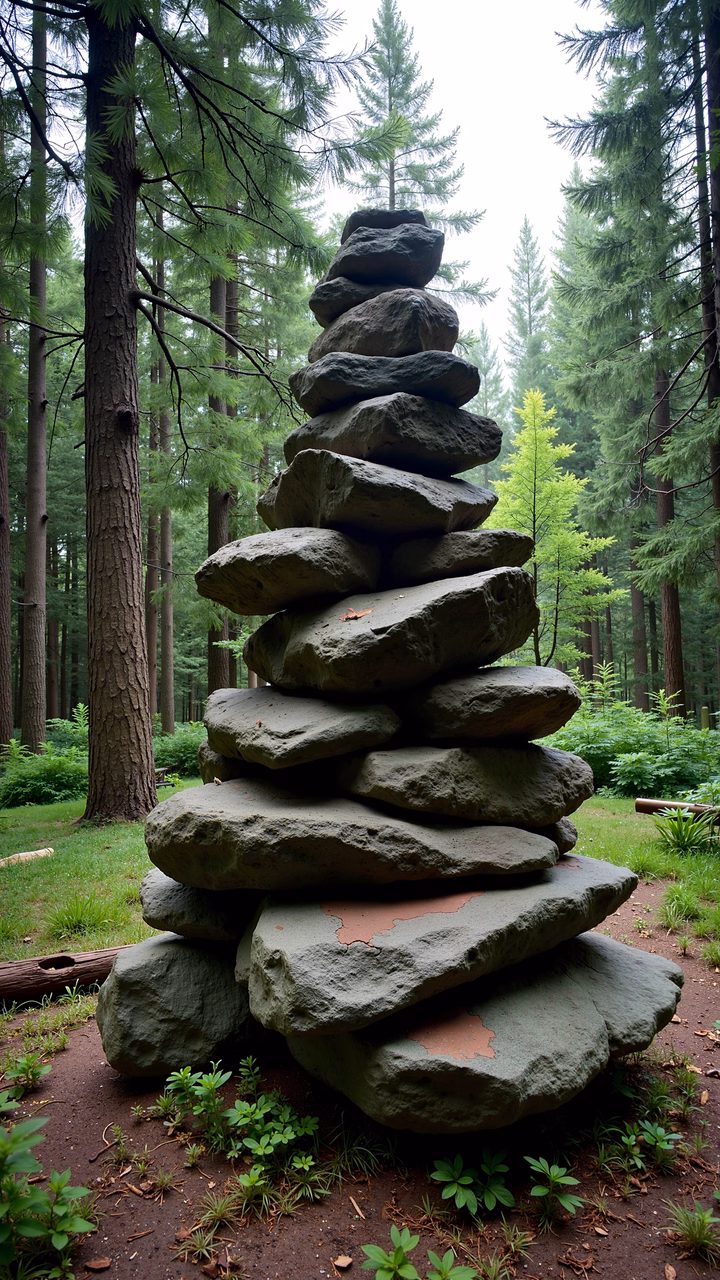 A pyramid of rocks in a verdant forest setting, showcasing nature’s harmony.
