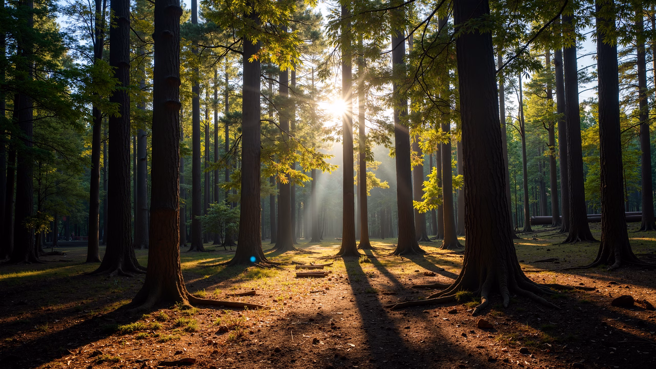 Golden sunlight illuminates a tranquil forest, casting dappled shadows and creating a serene atmosphere.