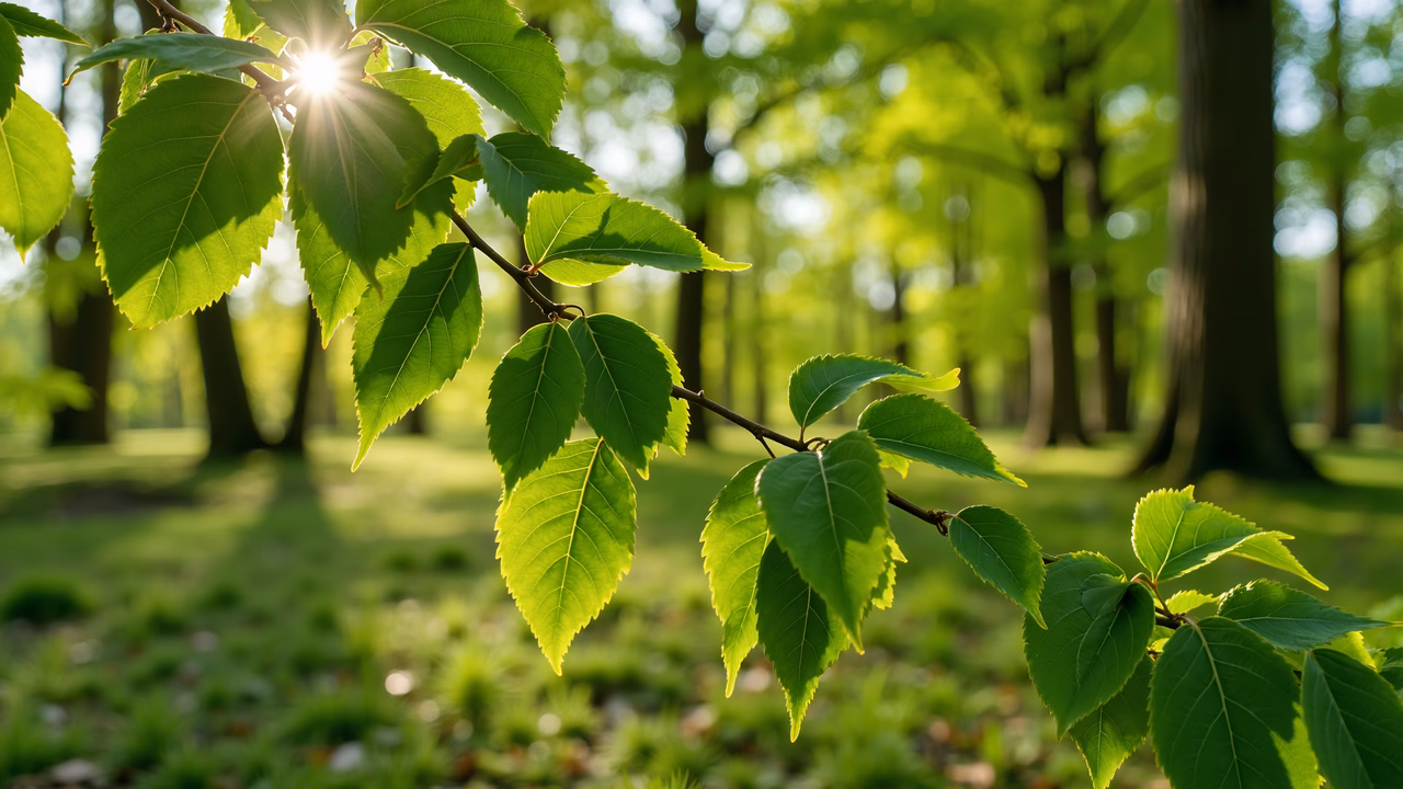 Close-up of sunlit green leaves in a forest setting, capturing nature's vibrancy and tranquility.
