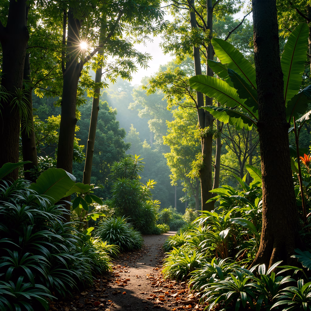 A tranquil forest path illuminated by dappled sunlight and lush greenery.