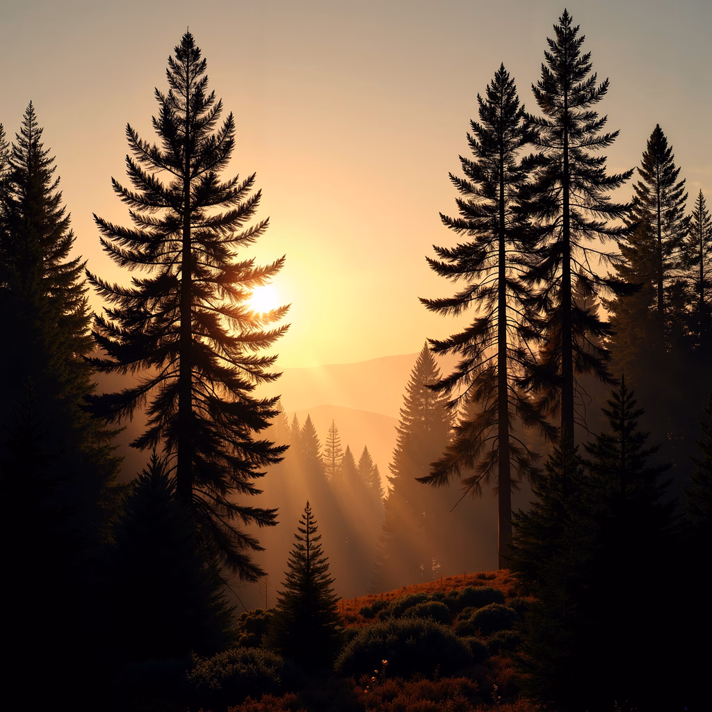 A tranquil sunset scene with tall pine trees and golden rays through the forest silhouette.