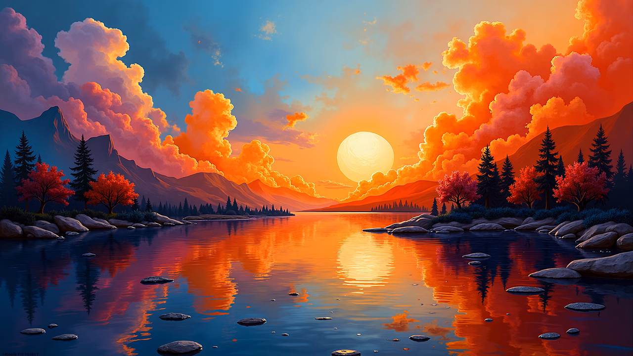 A tranquil sunset scene reflected in a calm lake with autumn trees and mountains in the background.