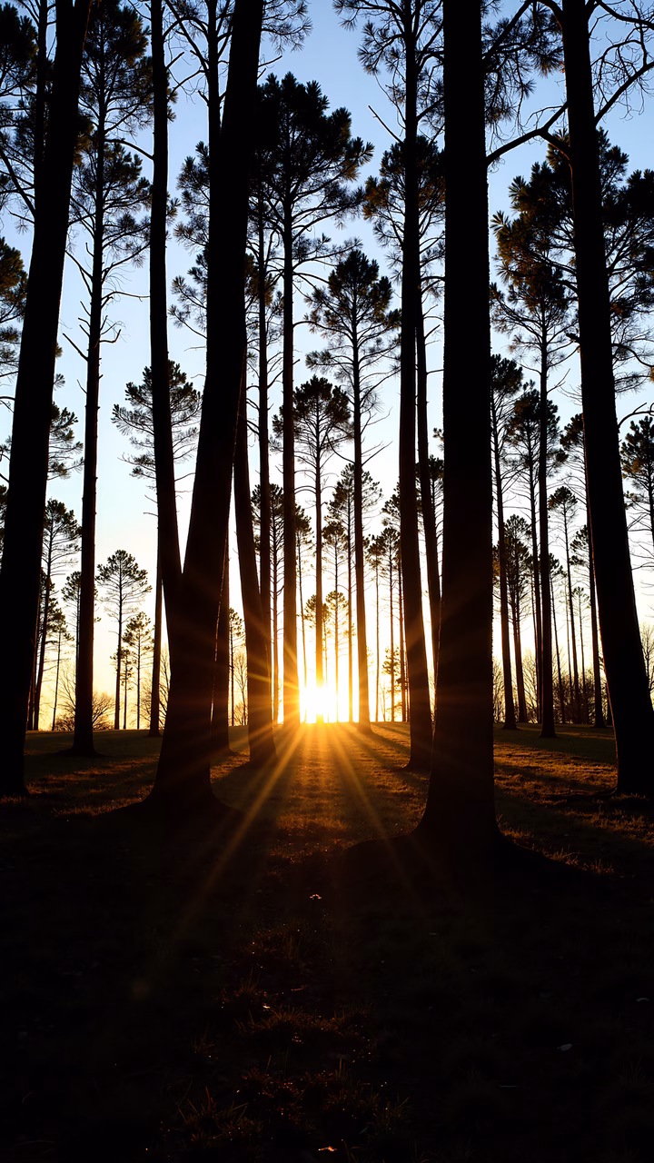 Golden sunset through tall pine trees, serene nature photography.