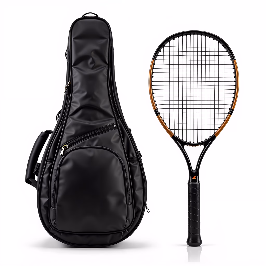 High-quality tennis racket and case in a minimalist setting.