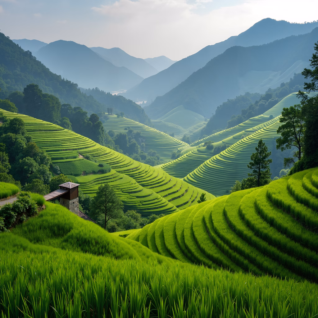 Vibrant green terraced rice fields against a backdrop of blue mountains, creating a peaceful rural scene.