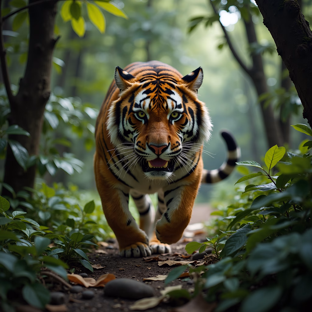 A tiger walking through a forest, showcasing its natural habitat and striking appearance.