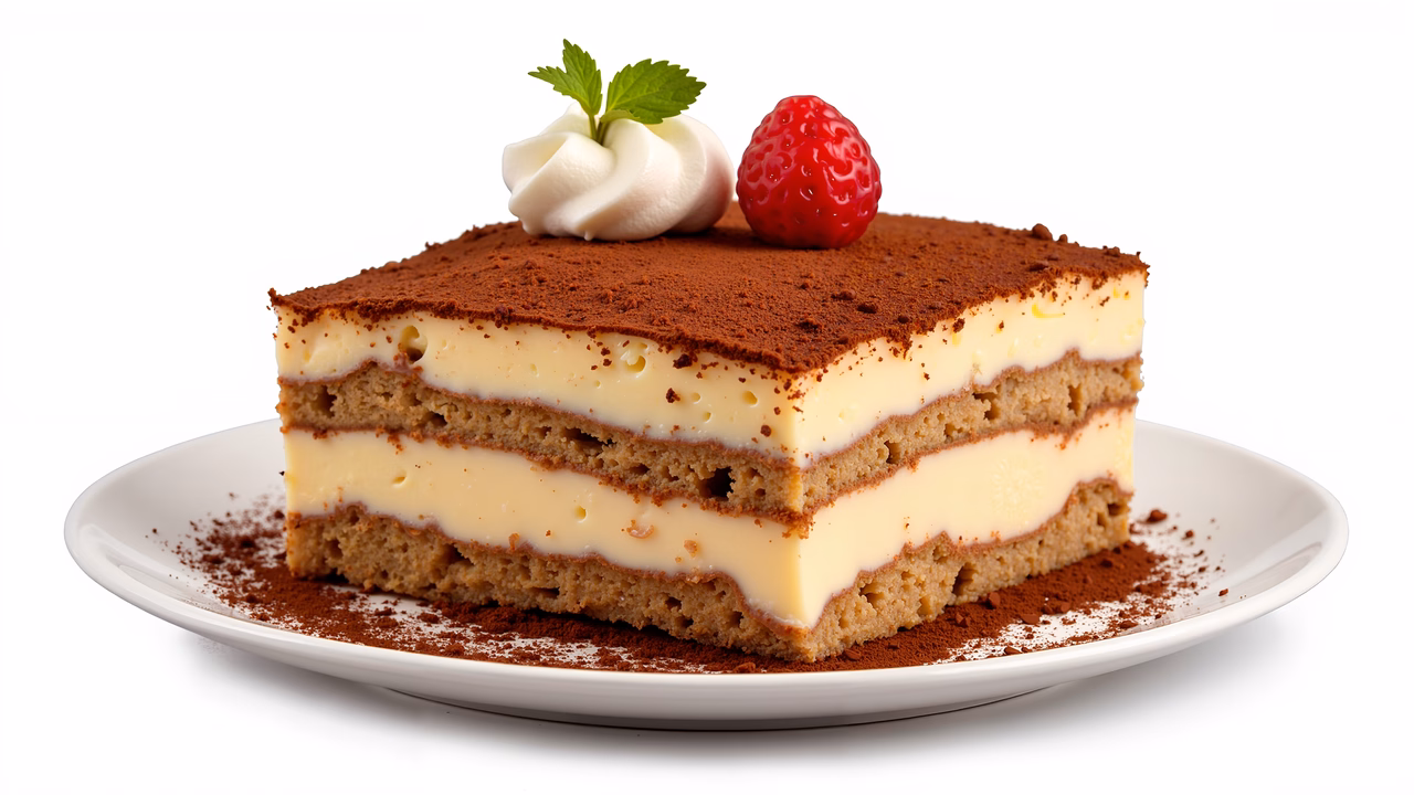 Layered tiramisu dessert with whipped cream and strawberry garnish on cocoa-dusted plate.