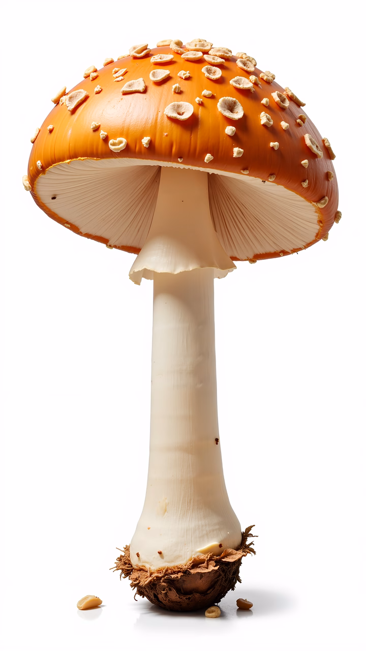 Close-up of a toxic mushroom with vibrant orange cap and white spots on a white background.
