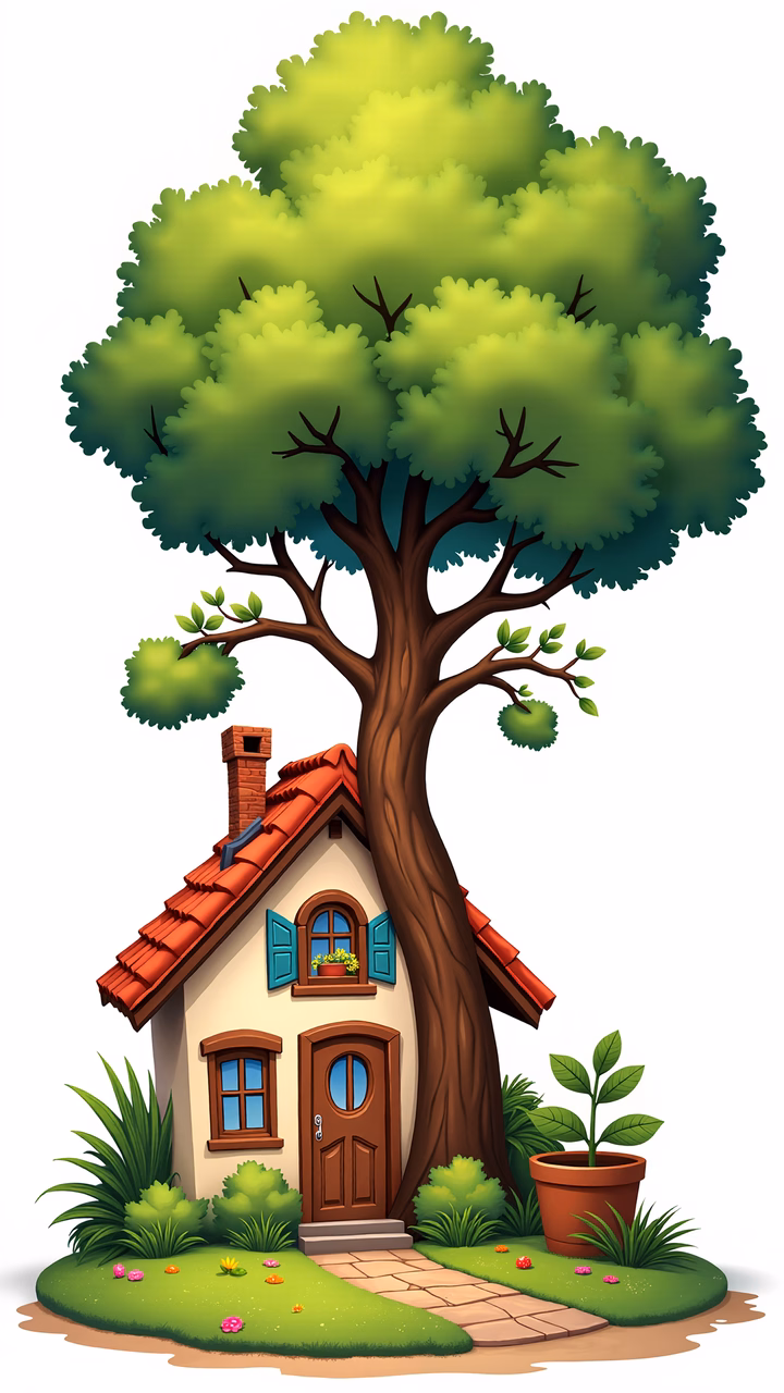 A whimsical treehouse surrounded by lush greenery and vibrant flowers, perfect for children's art.