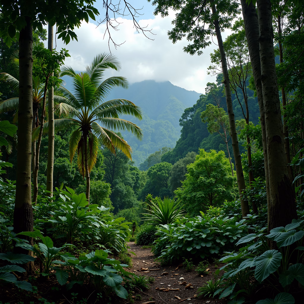 A peaceful jungle path surrounded by lush greenery and palm trees, inviting exploration into nature’s tranquility.