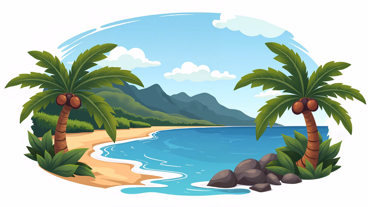 A tranquil tropical scene with palm trees and clear waters.